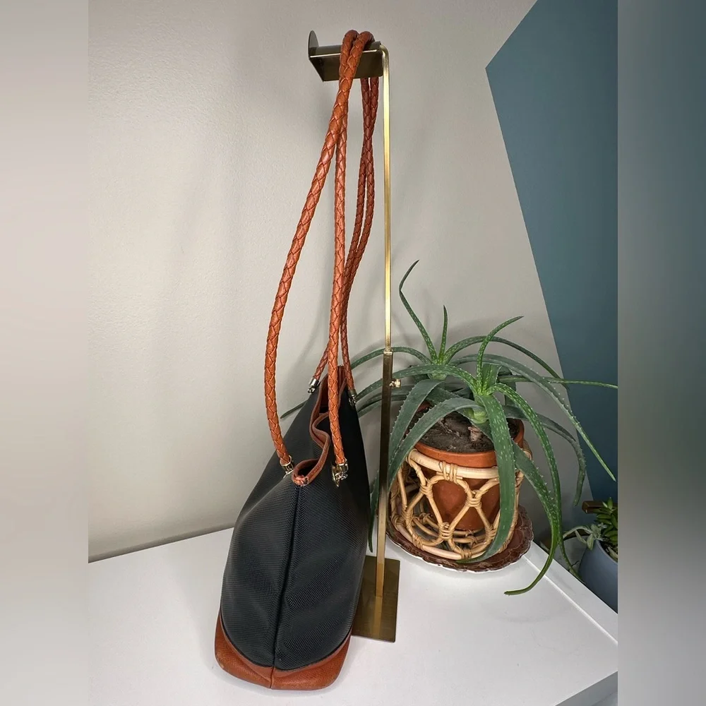 Vintage Bottega Veneta Bucket Bag Black Canvas Cognac Leather Braid Italy Made - Picture 2 of 12